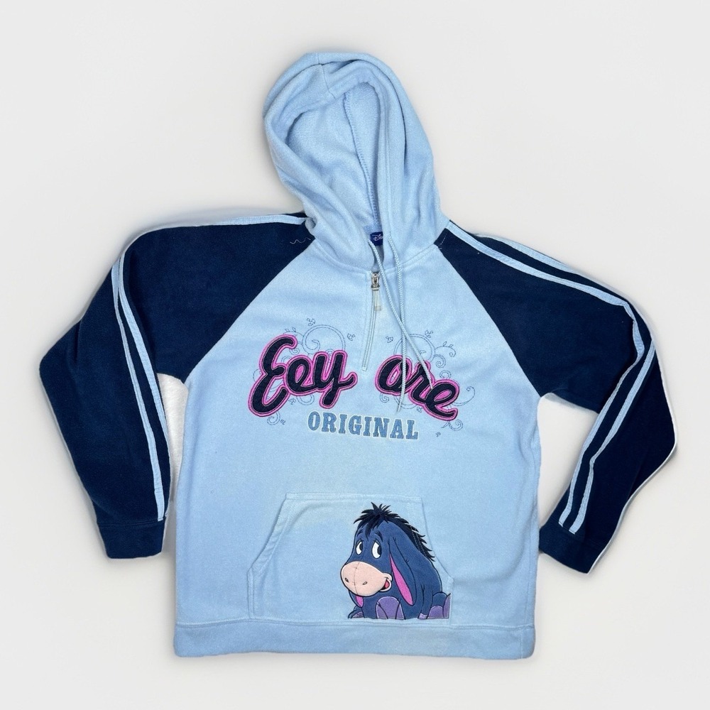 Disney Eeyore Original Fleece Hoodie Womens Large Light Blue Zip Embroidered Y2K